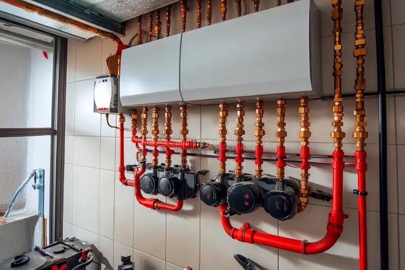 Modern Plumbing System Installation Showcasing Intricate Piping Water Meters Urban Setting Sleek Displayed 350945362